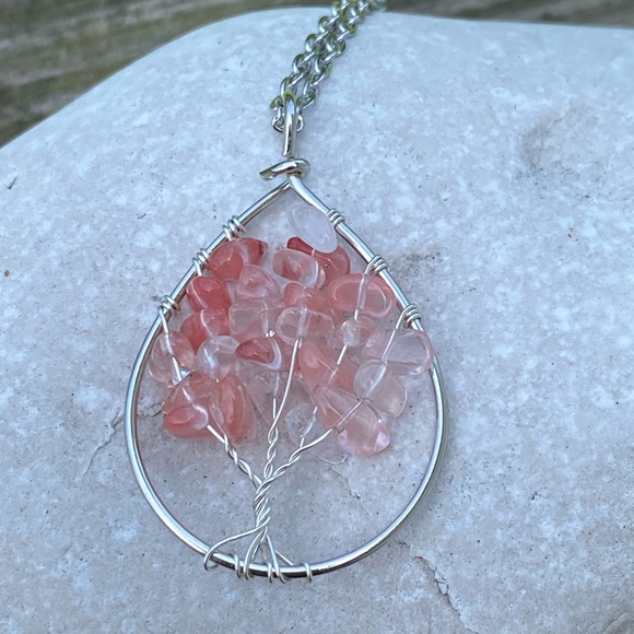 Cherry Quartz gemstone Tree of Life necklace stainless steel chain - Picture 2 of 9